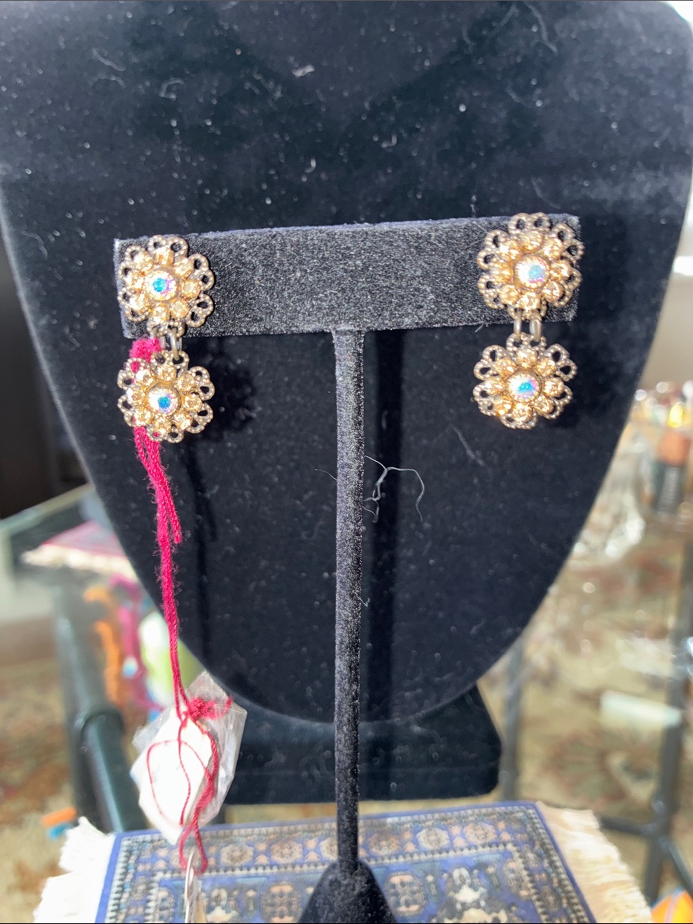 Gold Floral Drop Earrings with Iridescent Crystal Accents - Women Jewelry